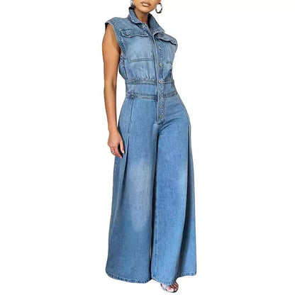 Washed Denim Jumpsuits Women Fashion Lapel Button High Waist Sleeveless Jumpsuit Streetwear Spring Summer New Female Clothing