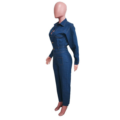 Streetwear Denim Jumpsuits Autumn Clothing Women Full Sleeve Button Up Jeans Long Rompers Playsuits One Pieces Overalls Outfits