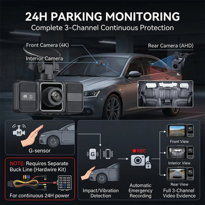 4K Dash Cam 3 Lens Driving Recorder WiFi Car DVR Front Inside Rear Triple Camera 2160P UHD Video Recorder 24H Parking Monitor
