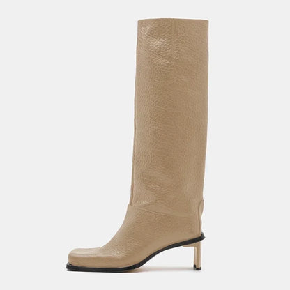 2026New Fashionable Square Head High Heels Women's Knee Length Boots with Side Zipper Stone Pattern Women's Mid Length Boots