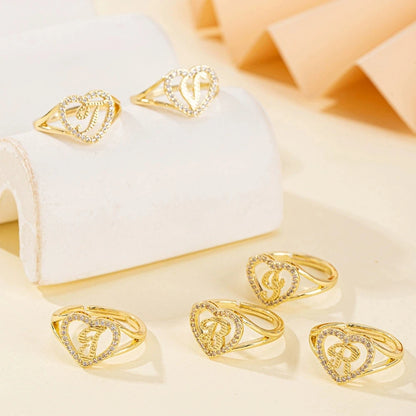 White Zircon 26 Letters A-Z Love Heart Open Adjustable Rings For Women Gold Silver Color Wedding Band Jewelry Mother's Day Gifts