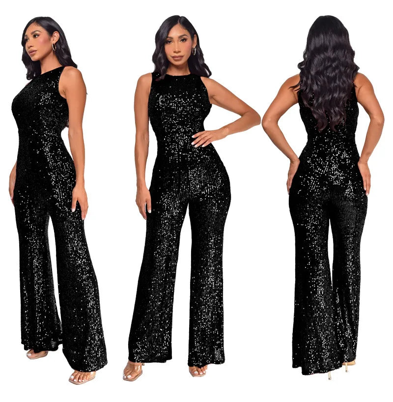 Bling Bling Sequined Club Jumpsuit Sexy Women O-neck Elegant Shiny Sliver Gold Sequins Straight Romper Overalls