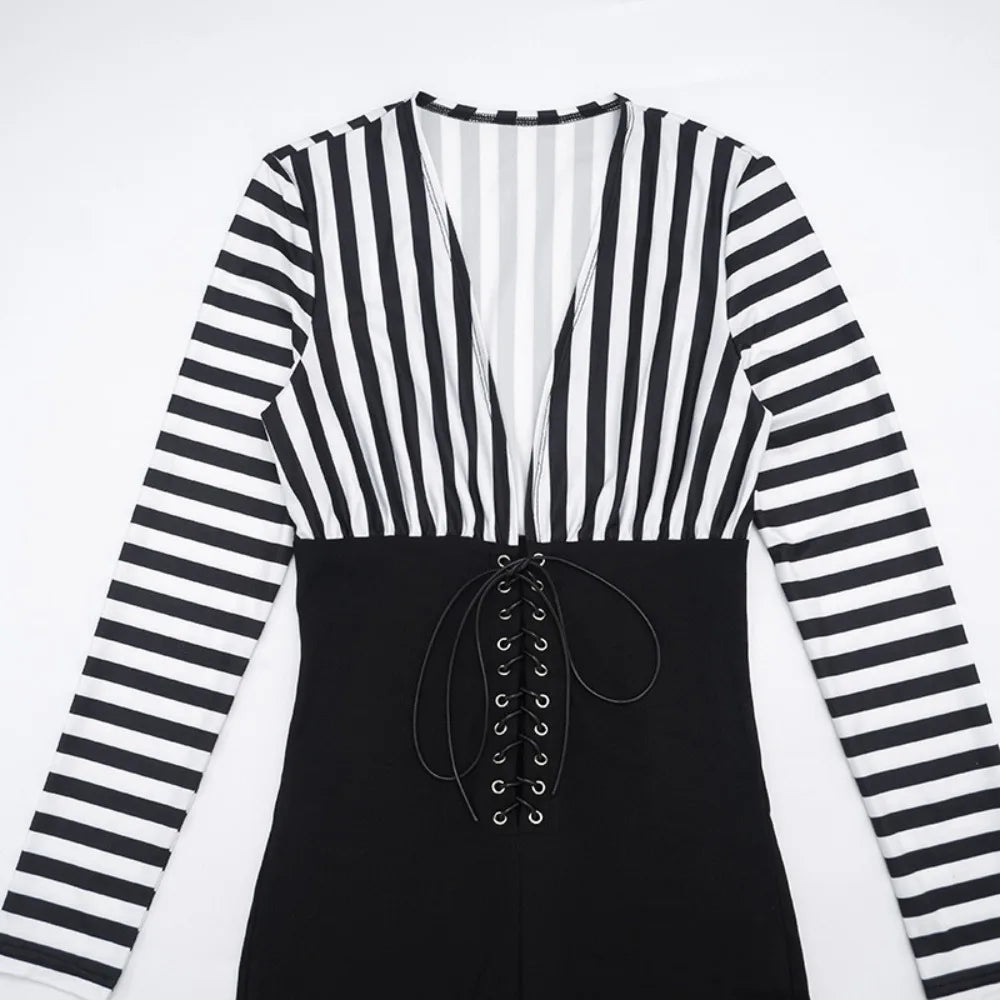 FLARORA Trend Stripe Color Blocking Jumpsuits Woman Deep V Neck Full Sleeve Bandage Skinny Peach Hip Sexy Party Club Overalls