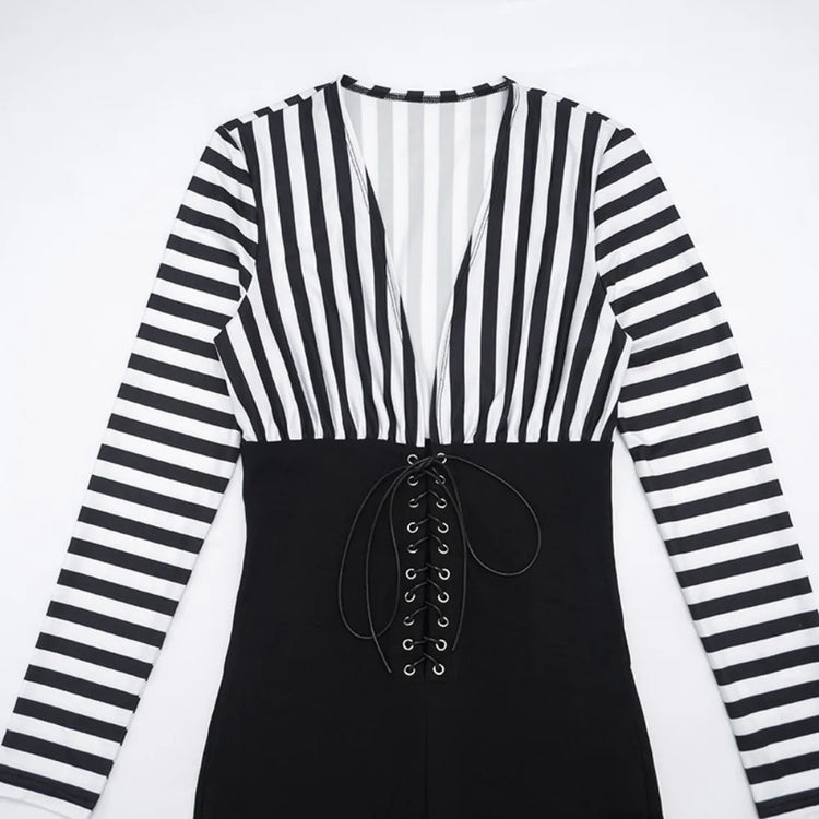 FLARORA Trend Stripe Color Blocking Jumpsuits Woman Deep V Neck Full Sleeve Bandage Skinny Peach Hip Sexy Party Club Overalls
