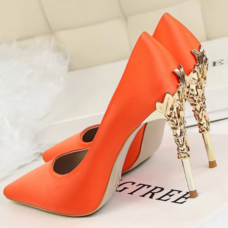Women Luxury Metallic Decoration Heel Wedding Shoes Lady Trendy 10cm High Heels Pointed Toe Shoes Female Premium Gray Shoes