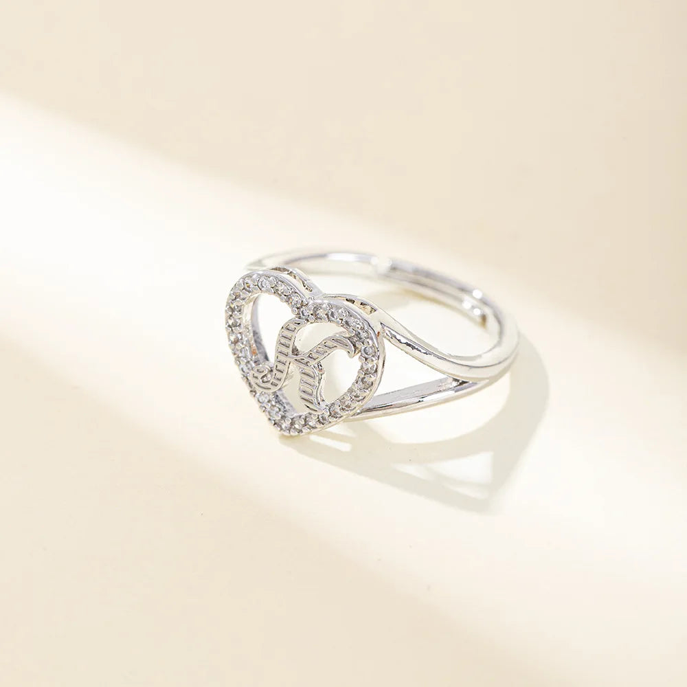 White Zircon 26 Letters A-Z Love Heart Open Adjustable Rings For Women Gold Silver Color Wedding Band Jewelry Mother's Day Gifts