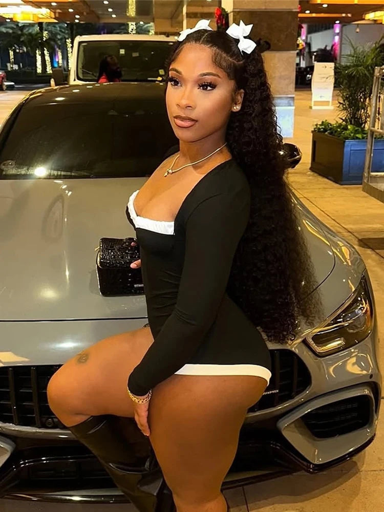 Weird PussWhite Edging Playsuit Women 2025 Spring Square Collar  Skinny Stretch  Long Sleeve Romper Streetwear Tight Overalls