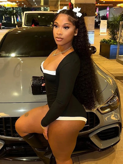 Weird PussWhite Edging Playsuit Women 2025 Spring Square Collar  Skinny Stretch  Long Sleeve Romper Streetwear Tight Overalls