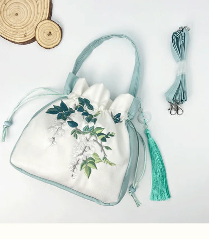 Chinese Style Retro Flower Embroidery Crossbody Top-handle Bags Women Shoulder Lace Drawstring Bucket Bag Coin Purses Handbags