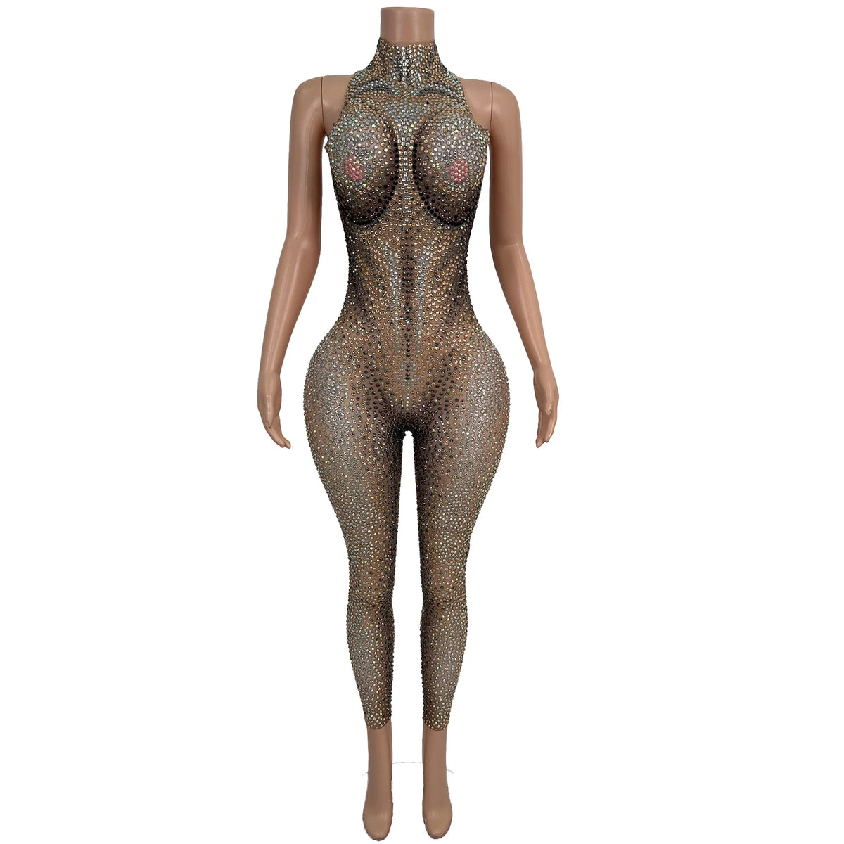 sparkling sleeveless Rhinestone crystal jumpsuits mesh stretch rompers women pole dance leotard Drag Show performance outfit