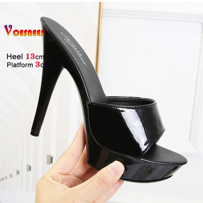 13CM Woman Slippers Mule Patent Leather Sandals Sexy Fashion Slides Party Shoes for Women Luxury Black Summer Platform Sandals