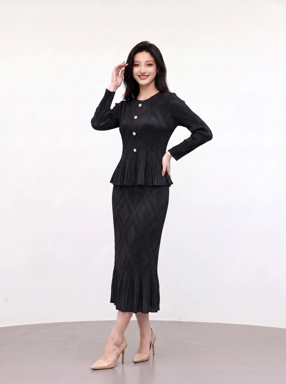 Miyake Pleated Skirt Set Plisse 2026 Autumn New Single-Breasted Flared Long Sleeve Cardigan Top Length Set Slim Fit Versatile