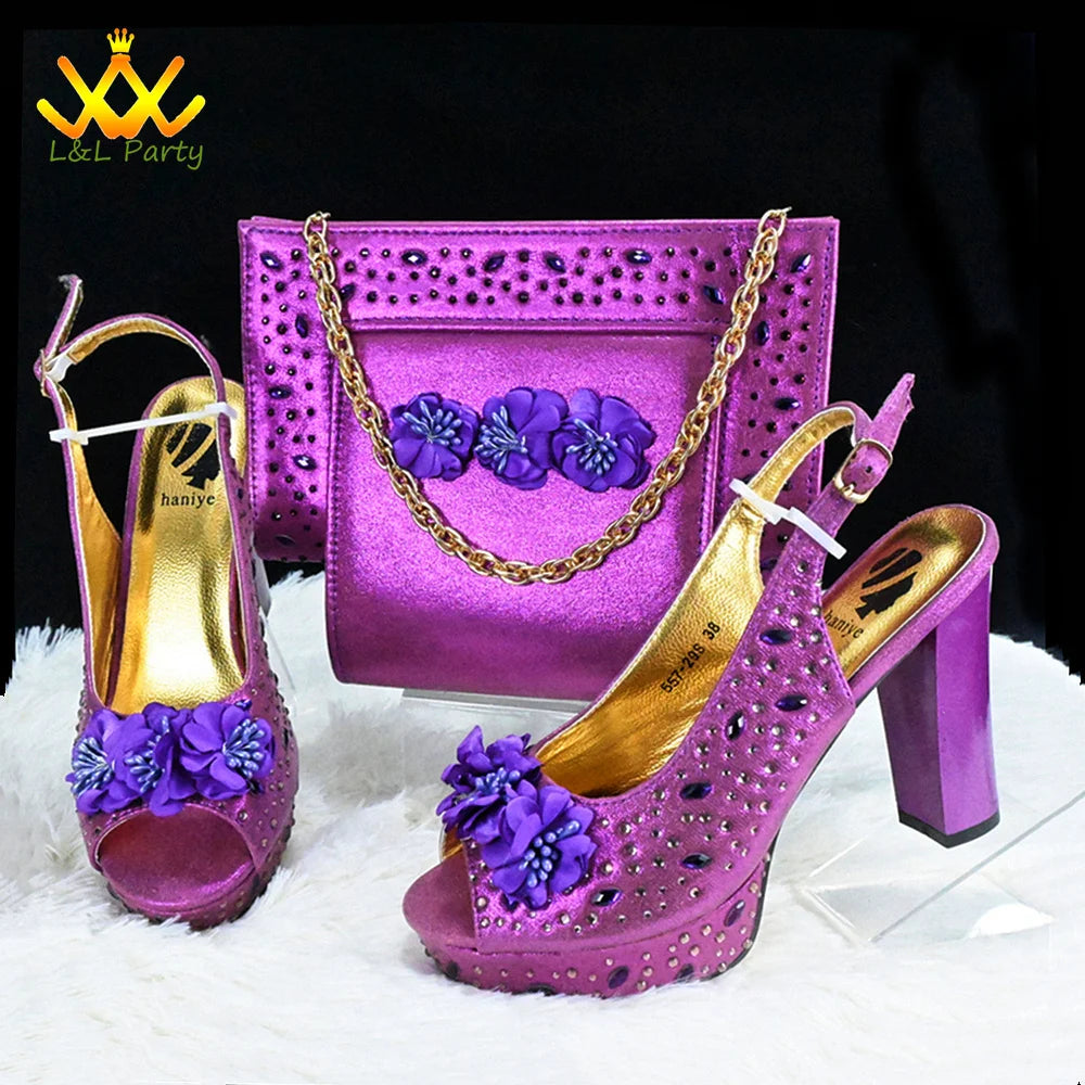 High Quality 2024 Summer New Design in Purple Color Mature Style Italian Women Shoes and Bag Set with Platform for Wedding Party