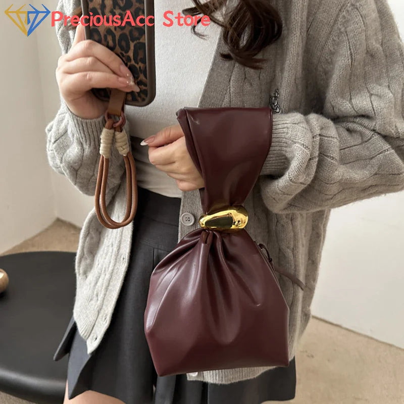 Mini PU Leahter Underarm Pleated Cloud Bag For Women 2025 Fashion Designer Female Retro Bucket Shoulder Bag Handbags And Purses
