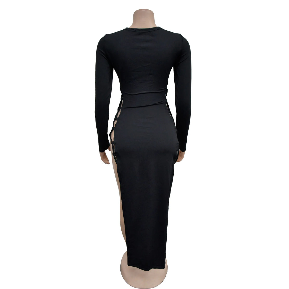 HLJ Sexy Solid Hollow Out Bandage Slit Bodycon Mid Dresses Women Round Neck Long Sleeve Slim Vestidos Fashion Party Club Clothes