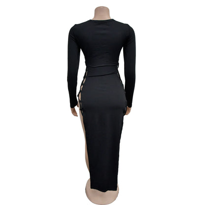 HLJ Sexy Solid Hollow Out Bandage Slit Bodycon Mid Dresses Women Round Neck Long Sleeve Slim Vestidos Fashion Party Club Clothes