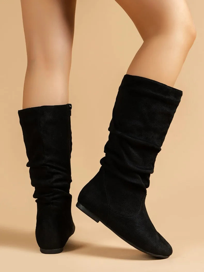Fashion Faux Suede Mid-calf Boots for Women Plus Size Autumn and Winter New Round Toe Side Zipper Pleated Flat Boots Botas Mujer