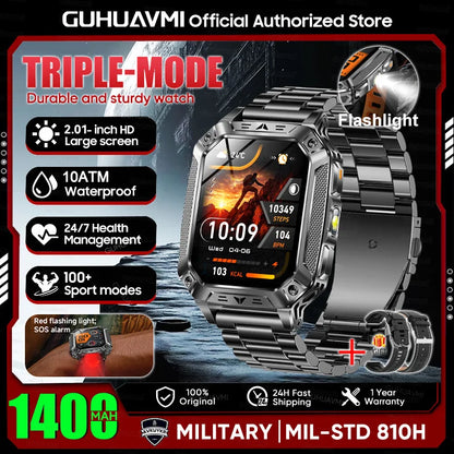 2026 New Military outdoor 1400mAh Battery SmartWatch Men Waterproof Call 2.01" HD AMOLED Sports Heart rate Flashlight Smart Band