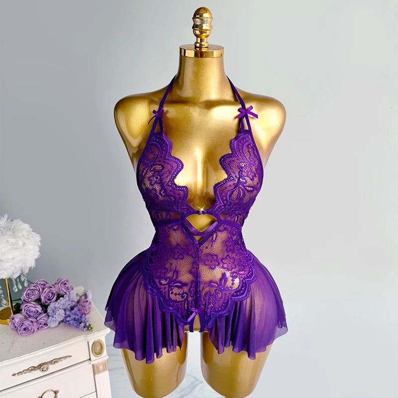 Sexy Crotchless Lingerie Women Lace Hollow Bodysuit Pajamas Teddy Babydolls Deep V Underwear