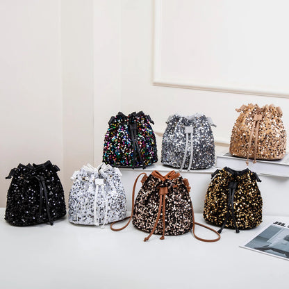 New Chic Multicolor Sequin Shing Shoulder Bag Fashion Versatile Handbag Drawstring Bucket Bag Large Capacity Wallet Purse Bags