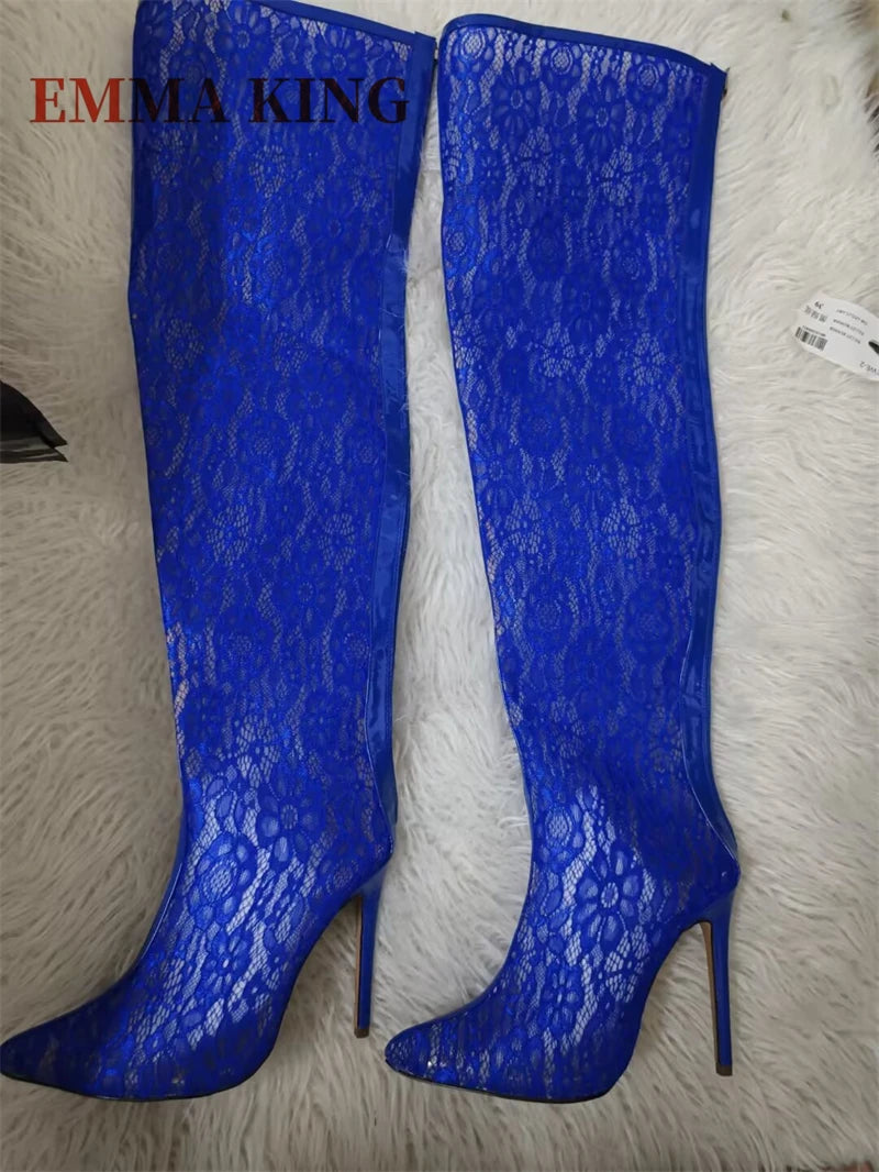 Spring Women Lace With PVC Thigh High Boots Sexy Pointed Toe Stiletto High Heels Transparent Over The Knee Boots Bigger Size 44