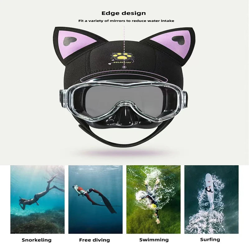 Cool Cute Cat Ears Diving Hood 3mm Neoprene Women Snorkel Scuba Cap w/ Adjustable Chin Strap,Thermal for Surfing & Water Sports