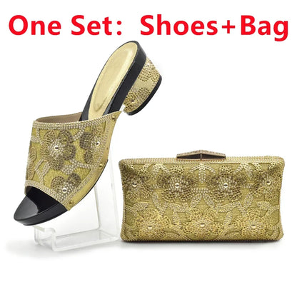 New Arrival Green Color Nigerian Shoes and Matching Bags Set Italian Ladies Shoes and Bags To Match Set Decorated with Rhinstone