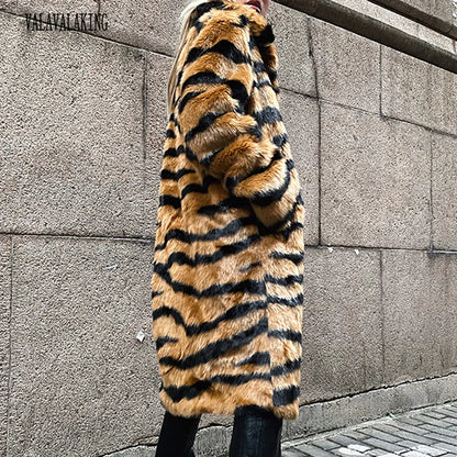 2026 Winter Plus Size Faux Fur Long Coat Women Tiger Long Sleeve Fluffy Jacket Ladies Large Thick Warm Furry Cardigan Outwear