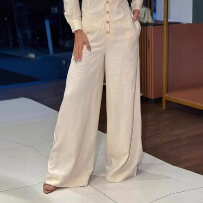 Women Jumpsuit Solid Rompers Button Pocket Turn Down V Collar Long Sleeve Single Breasted Wide Leg Pant Loose Casual 2025 Autnmn