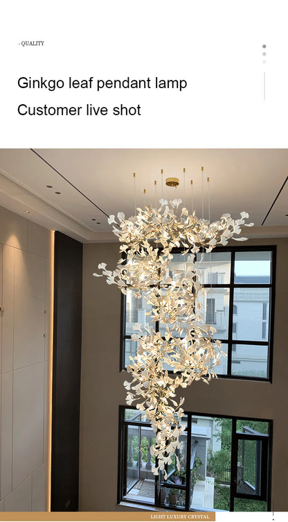 Staircase Ginko Leaf Chandelier Light For High Ceiling Staircase Loft Living Room Hotel Lobby Stairway Luxury Branch Chandeliers