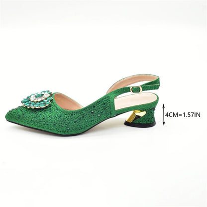 African Shoe and Bags Set for Wedding Nigerian Party Shoes and Bag Set Decorated with Rhinestone Elegant Heeled Pumps for Women