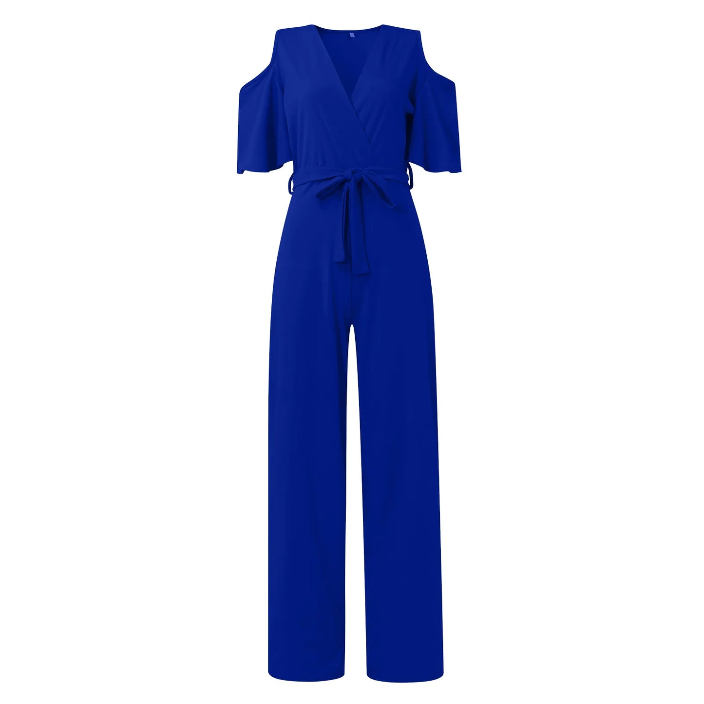 Jumpsuit Summer Pure Color Women Sexy Deep V Neck Short Sleeve Rompers Fashion Slim Fit Lace Up Elegant Female Wide Leg Jumpsuit