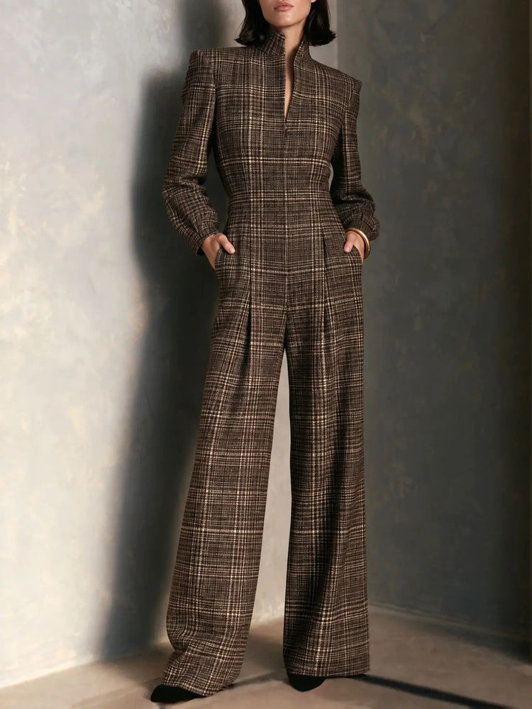 Temperament Plaid Printed Jumpsuit For Women Spring Autumn Fashion High Waist Wide Leg Romper Ladies Casual Jumpsuit With Pocket