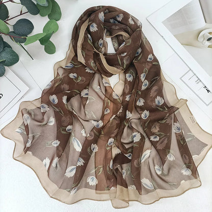 Magnolia Flower Print Women Elegant Chiffon Georgette Bandana Scarf Summer Beach Sunscreen Thin Hijab Headband Shawl