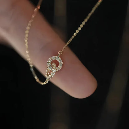 925 Sterling Silver Interlocking Diamond Necklace Light Luxury Double Ring Zircon Pendant Collarbone Chain Simple Jewelry