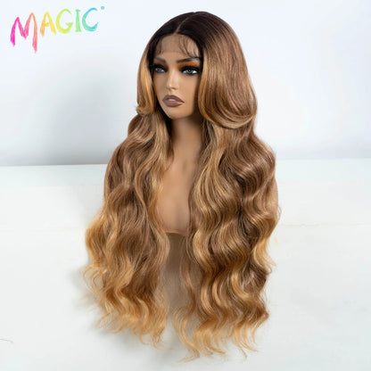Magic Synthetic Lace Front Wigs For Women 30" Long Body Wave Lace Wig Ombre Blonde Highlight Cosplay Wigs Heat Resistant