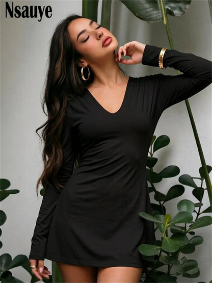 Nsauye Women's Casual Long Sleeve V Neck Slim Dress Women Clothing Elegant Shoulder Pads Short Dresses Vestidos