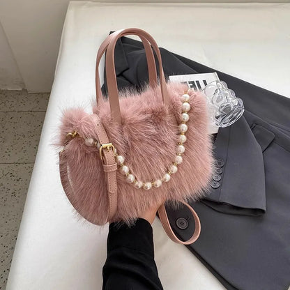 Winter Fashion Faux Fur Crossbody Bags for Women's Gift, Pearl Chain Decor Shoulder Bag, Ladies Handbags Top-handel Bag