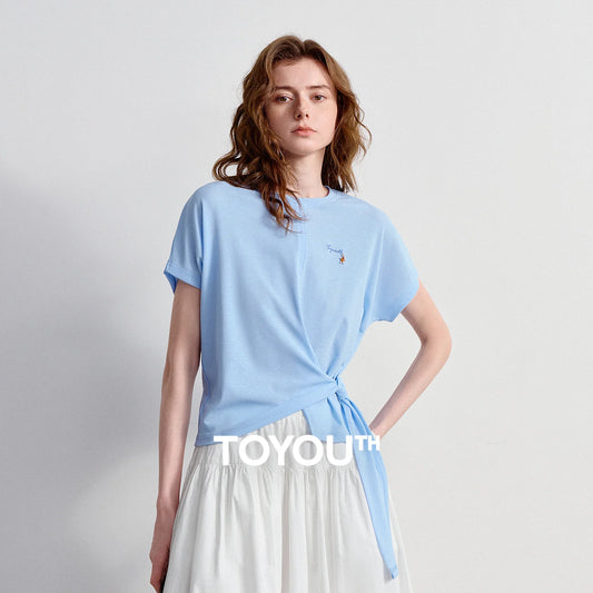 TOYOUTH Women's Asymmetric Wrap Tie T-Shirt 2026 Summer New Long Sleeve Starfish Print Loose Pullover Top