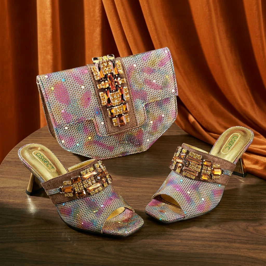 New Arrival Mature Style Colorful Rhinestone Metal Design Strange High Heel Style Peep Toe Shoes and Bag Set for Party Wedding