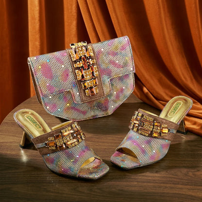 New Arrival Mature Style Colorful Rhinestone Metal Design Strange High Heel Style Peep Toe Shoes and Bag Set for Party Wedding