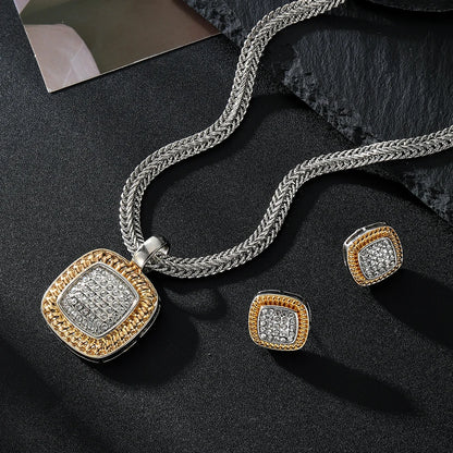 Zircon Necklace Set Geometric Square Shape Pendant Earrings Copper Plated 18K Gold Jewelry Set
