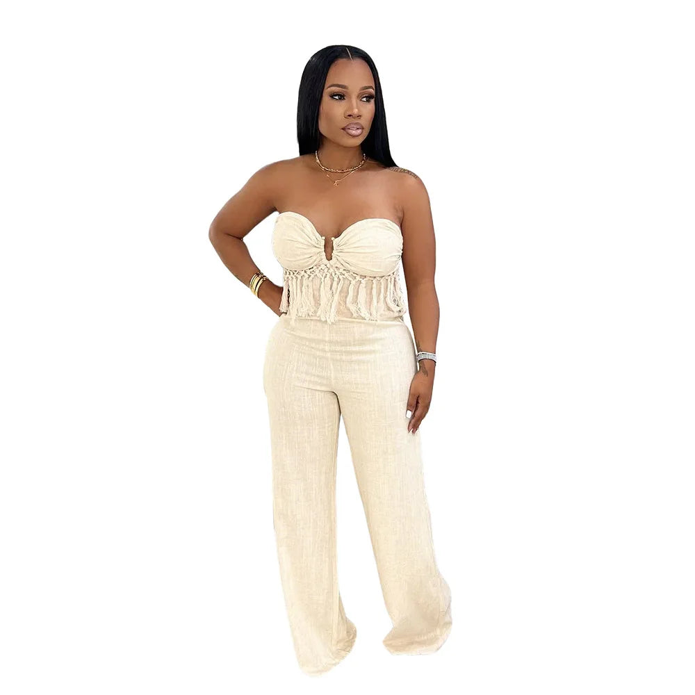 HBLL Sexy Women Fringe Jumpsuits One Piece Outfits Women Summer Bodycon Jumpsuit Strapless Sleeveless Female Streetwear Overalls
