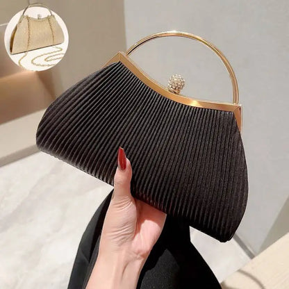 Pleated Evening Handbag Women Top Handle Glitter Day Clutch Ladies Wedding Dinner Dressed Clip Bag Diamond Party Purse Gold