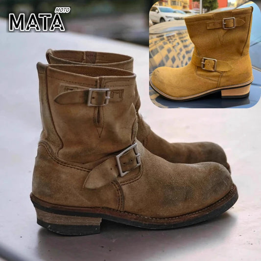 Hots Handmade Vintage Khaki Suede Work Boots Men and Women Engineer Ort Shoes American Retro Motorcycle Boot Faded Mid-Calf Boot