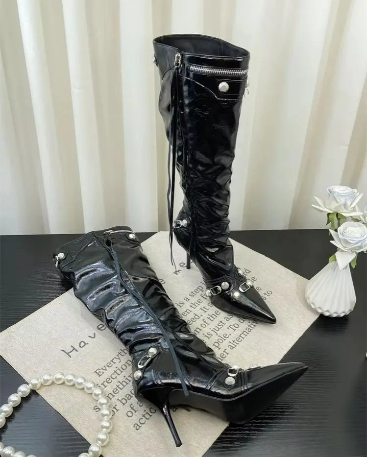 ZAROY Thin High Heels Knee-high Boots Women Winter Shoes Designer Tassels Rivet Side Zippers Sexy Pointed Toe Punk Long Booties
