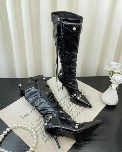 ZAROY Thin High Heels Knee-high Boots Women Winter Shoes Designer Tassels Rivet Side Zippers Sexy Pointed Toe Punk Long Booties