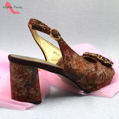 2024 Mature Style High Quality Comfortable Heels Italian Women Shoes and Bag Set with Shinning Crystal in Yellow Color