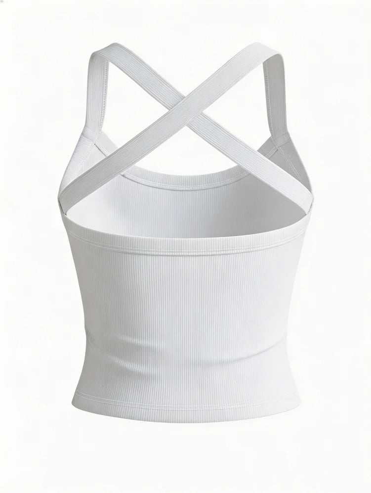 Low-Neck Vest Women Cross Shoulder Strap Solid Skinny Stretch Sexy Midnight Hottie Beach Party Sporty Basis Tops