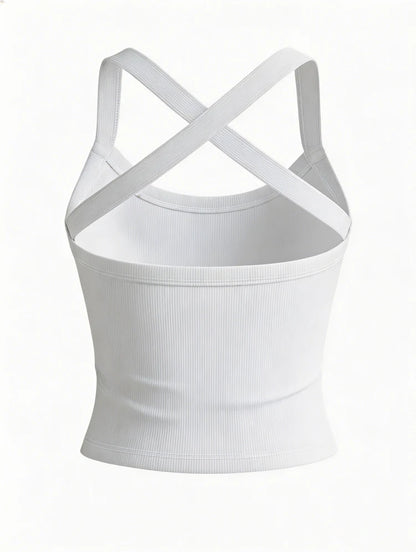 Low-Neck Vest Women Cross Shoulder Strap Solid Skinny Stretch Sexy Midnight Hottie Beach Party Sporty Basis Tops